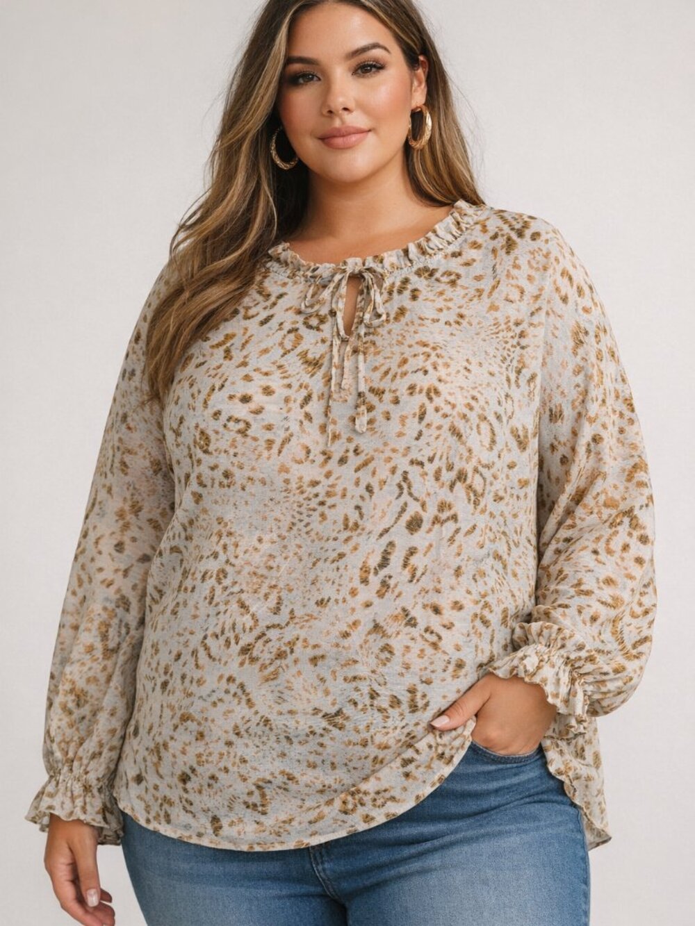 JODIFL Leopard Print Blouse | Boho Ruffle Neck Tie Top | Plus Size NWT